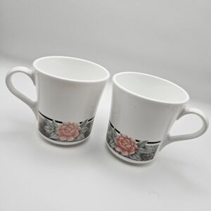 Vintage Corning Silk Roses Coffee Mug Cup Black Pink Flowers Roses Set of 2 READ